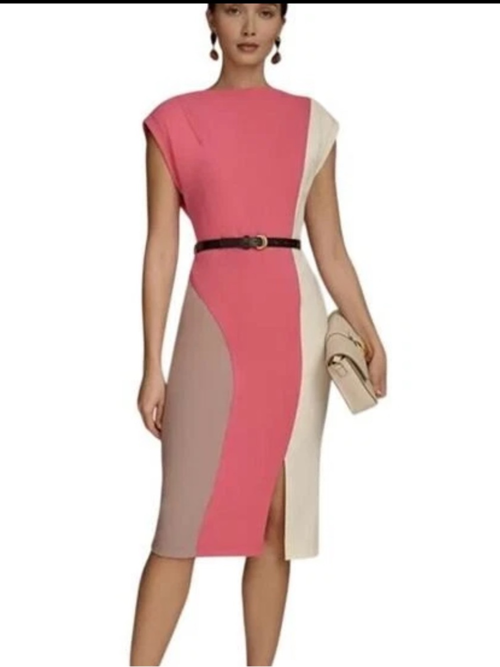Donna Karan Pink, Taupe & Cream Colorblock Midi Sheath Dress with Belt